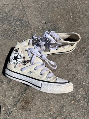 Converse High Top Sneakers - Cream with Black and Pink Butterfly Accents